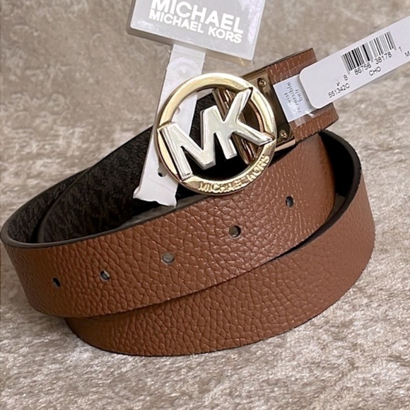 Brand New Michael Kors Genuine Leather Reversible Belt Tan Brown Logo Buckle - Picture 2 of 13
